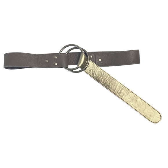 EILEEN FISHER Two Tone Leather Belt Double-O Ring Taupe and Metallic Gold  Small - Picture 1 of 7